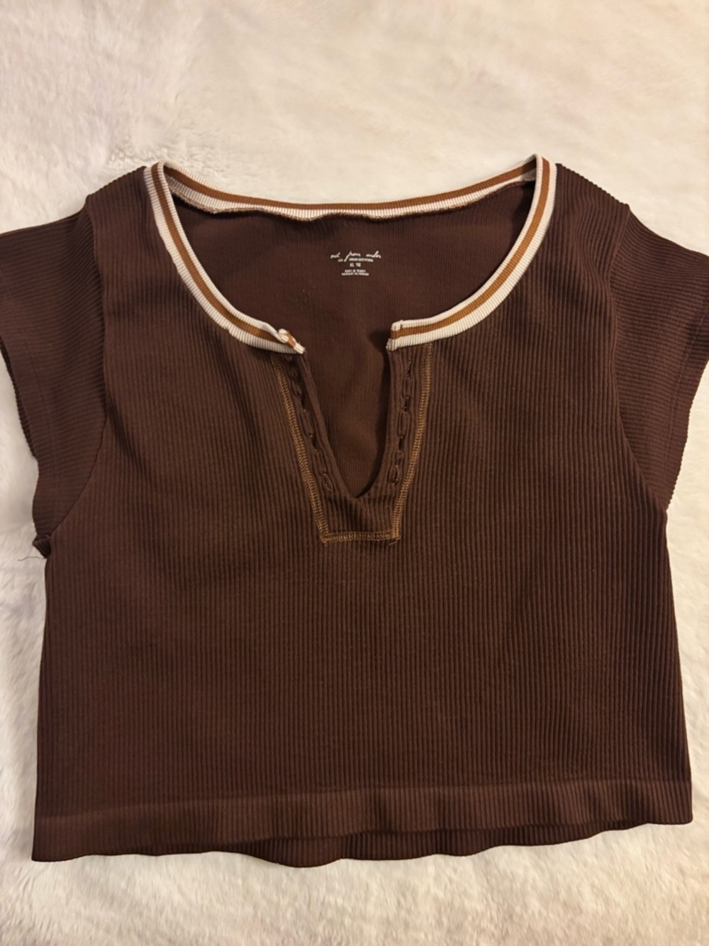 Urban Outfitters Brown Ribbed Crop Top with Cream-Tan Trim SOLD
